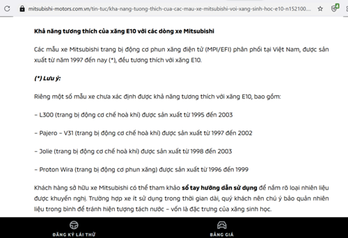 Thông báo đăng trên website của Mitsubishi Việt Nam về các dòng xe tương thích xăng E10. Ảnh chụp màn hình