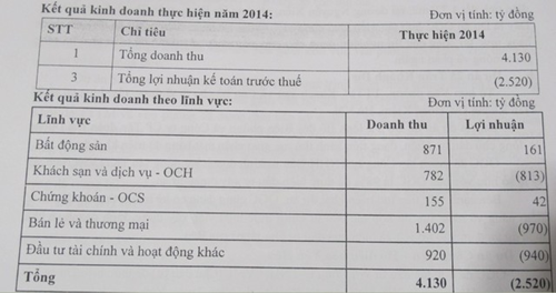 Cơ cấu doanh thu, Lợi nhuận/lỗ của OGC năm 2014