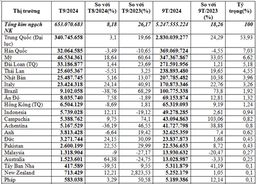 Thị trường nhập khẩu nguyên phụ liệu dệt may, da giày 9 tháng đầu năm 2024 