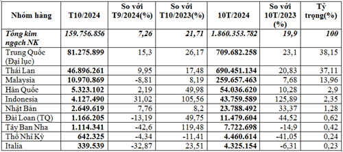 Nhập khẩu hàng điện gia dụng và linh kiện 10 tháng năm 2024 từ đa số thị trường tăng