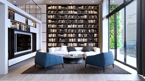 Phòng đọc sách với tầm nhìn panorama bao quát thành phố.