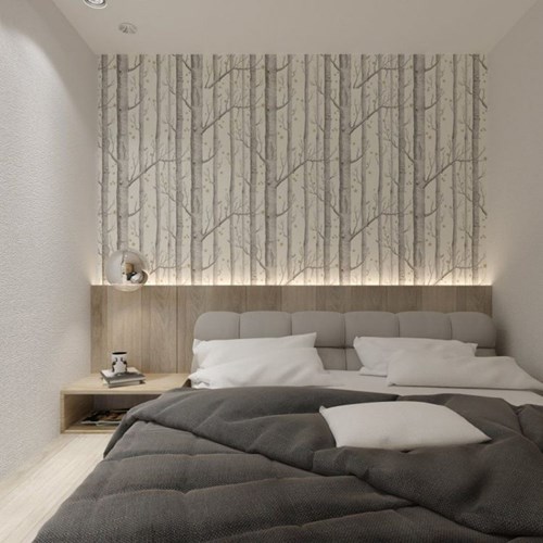  Nơi đầu giường còn được trang trí với giấy dán tường và ánh sáng điện khiến không gian có thêm chiều sâu. 