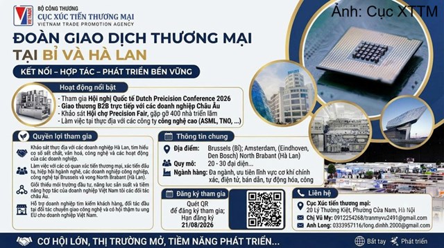 14-22/11/2026: Cục Xúc tiến thương mại tổ chức đoàn giao dịch thương mại tại Bỉ và Hà Lan