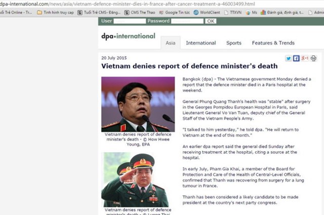 DPA thay bản tin về đại tướng Phùng Quang Thanh