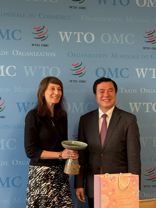 Thứ trưởng Nguyễn Sinh Nhật Tân làm việc với Phó Tổng giám đốc WTO Angela Paolini Ellard